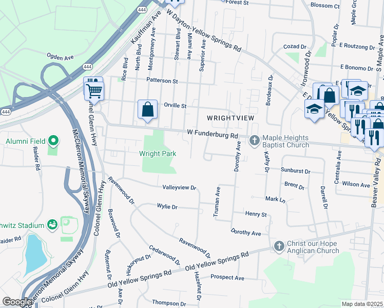 map of restaurants, bars, coffee shops, grocery stores, and more near 562 Hamilton Drive in Fairborn