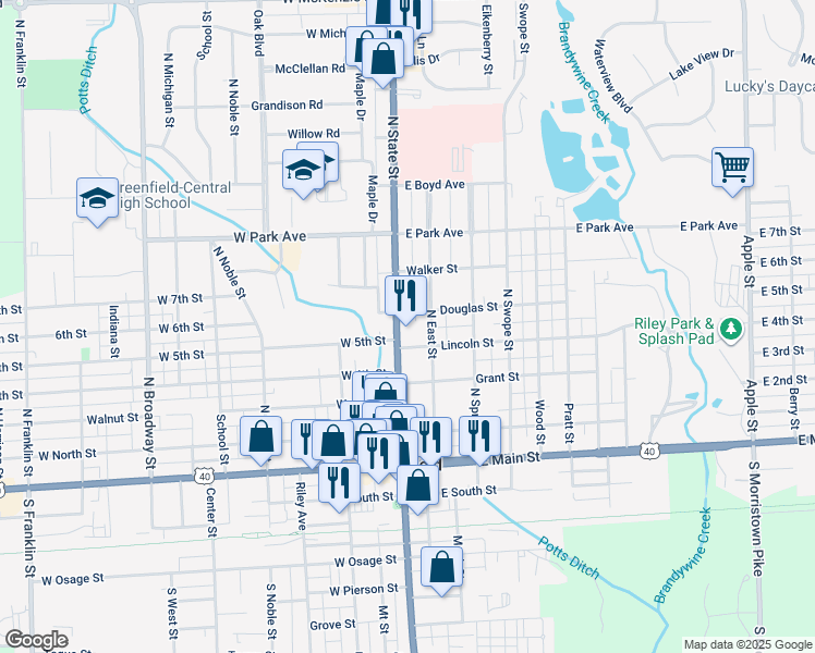 map of restaurants, bars, coffee shops, grocery stores, and more near 402 North East Street in Greenfield