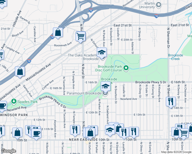 map of restaurants, bars, coffee shops, grocery stores, and more near 2846 East 16th Street in Indianapolis