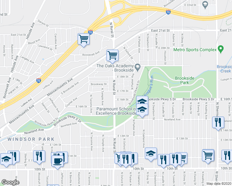 map of restaurants, bars, coffee shops, grocery stores, and more near 1603 North Rural Street in Indianapolis