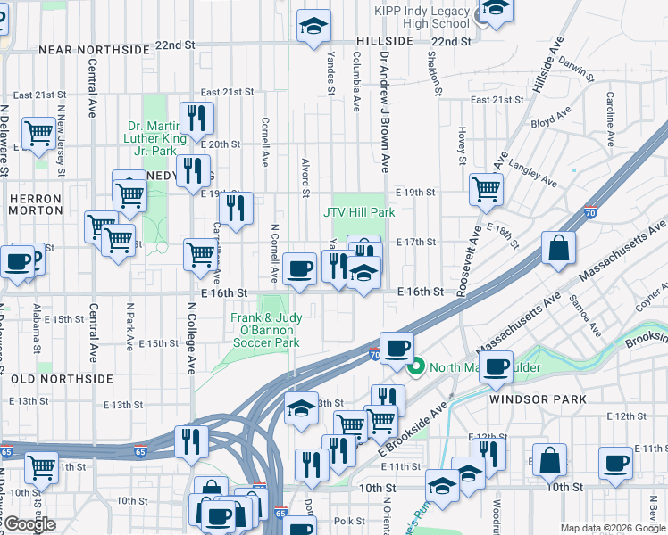 map of restaurants, bars, coffee shops, grocery stores, and more near 1617 Yandes Street in Indianapolis