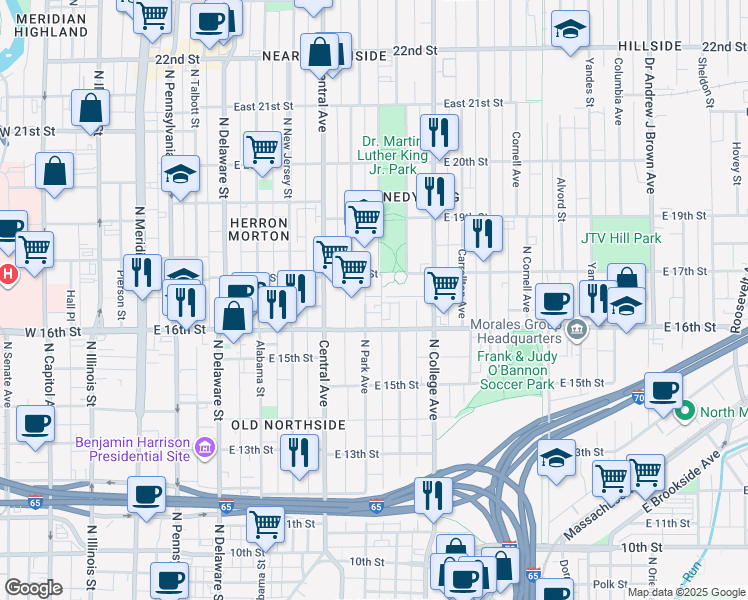 map of restaurants, bars, coffee shops, grocery stores, and more near 524 East 16th Street in Indianapolis