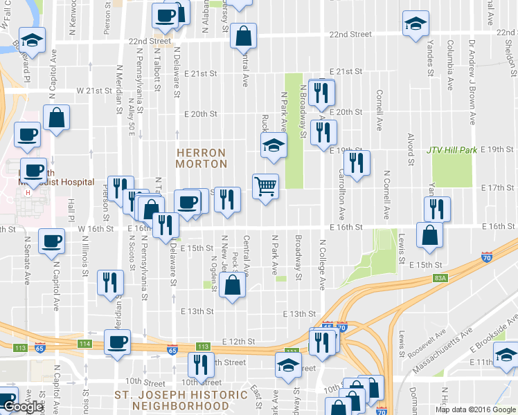 map of restaurants, bars, coffee shops, grocery stores, and more near 524 East 16th Street in Indianapolis