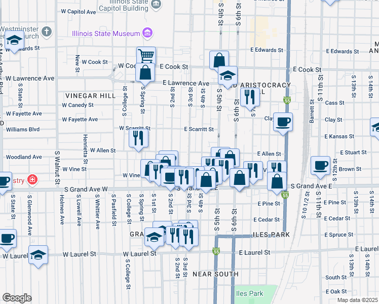 map of restaurants, bars, coffee shops, grocery stores, and more near 1100 South 3rd Street in Springfield