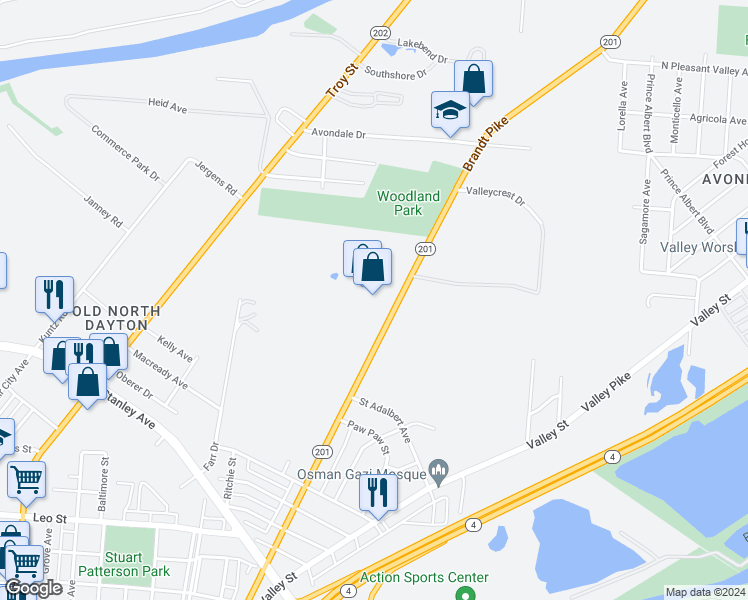 map of restaurants, bars, coffee shops, grocery stores, and more near 903 Brandt Street in Dayton
