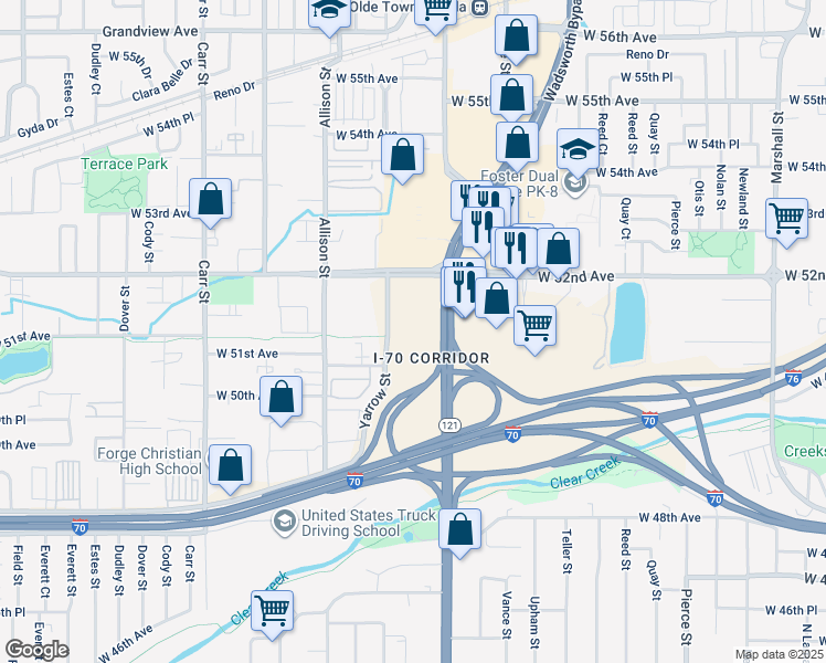 map of restaurants, bars, coffee shops, grocery stores, and more near 5195 Wadsworth Boulevard in Arvada