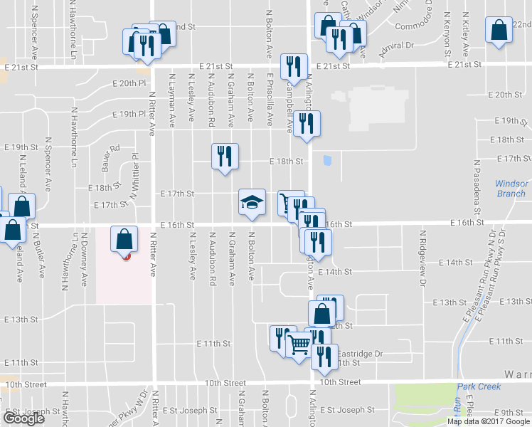 map of restaurants, bars, coffee shops, grocery stores, and more near 5840 East 16th Street in Indianapolis