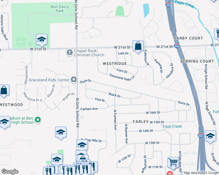 map of restaurants, bars, coffee shops, grocery stores, and more near 7048 Buick Drive in Indianapolis