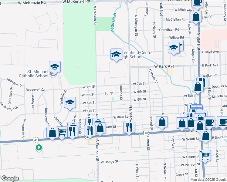 map of restaurants, bars, coffee shops, grocery stores, and more near 863 6th Street in Greenfield