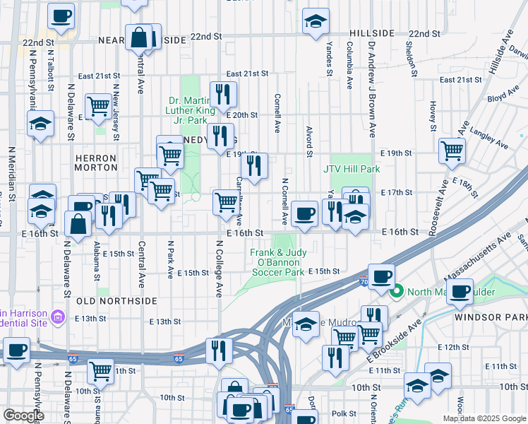 map of restaurants, bars, coffee shops, grocery stores, and more near 1615 Bellefontaine Street in Indianapolis