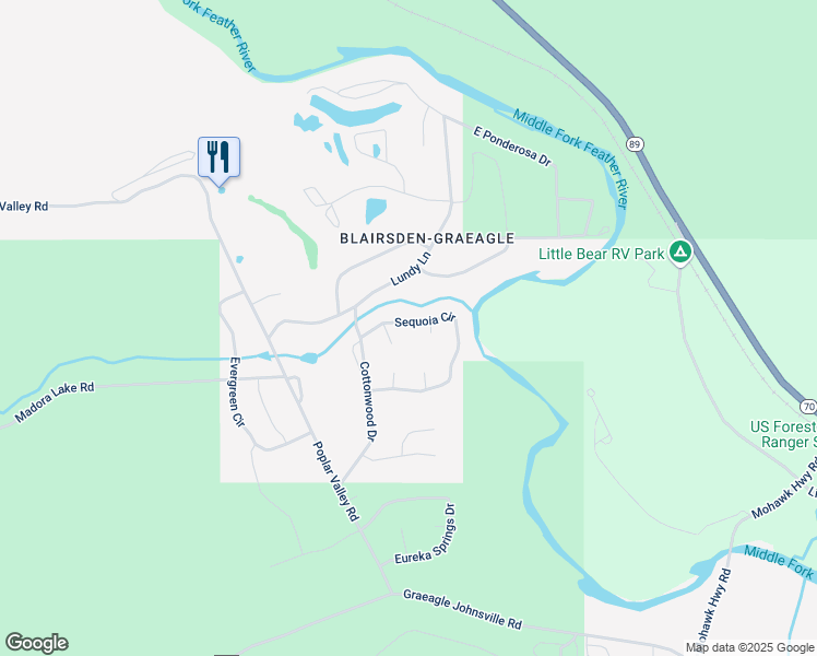 map of restaurants, bars, coffee shops, grocery stores, and more near 45 Oak Court in Plumas Eureka