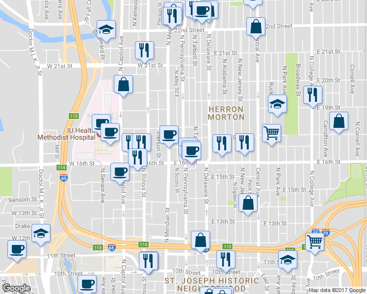 map of restaurants, bars, coffee shops, grocery stores, and more near N Pennsylvania St & E 17th St in Indianapolis