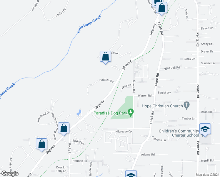map of restaurants, bars, coffee shops, grocery stores, and more near 8899 Skyway in Paradise