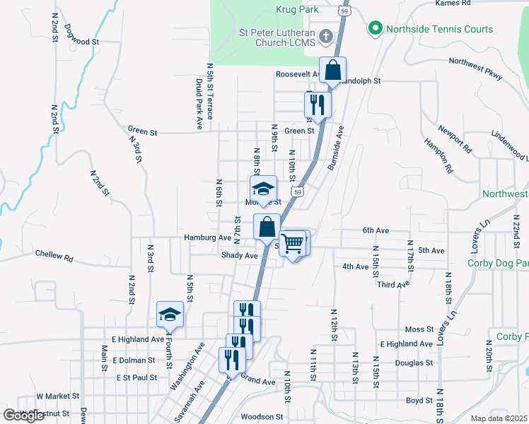 map of restaurants, bars, coffee shops, grocery stores, and more near 2812 Saint Joseph Avenue in Saint Joseph