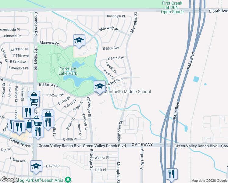map of restaurants, bars, coffee shops, grocery stores, and more near 16090 East 53rd Avenue in Denver