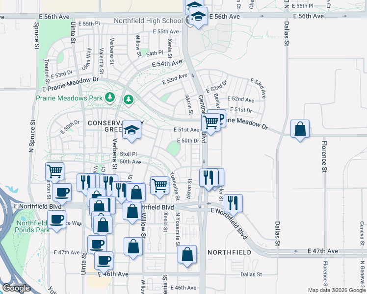 map of restaurants, bars, coffee shops, grocery stores, and more near 5064 Yosemite Court in Denver