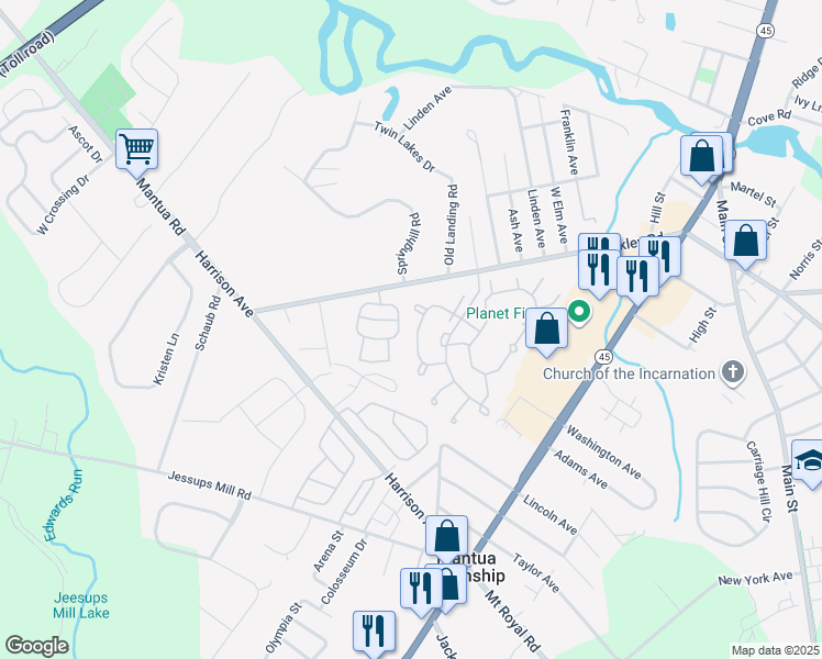 map of restaurants, bars, coffee shops, grocery stores, and more near 144 Pendragon Way in Gloucester County