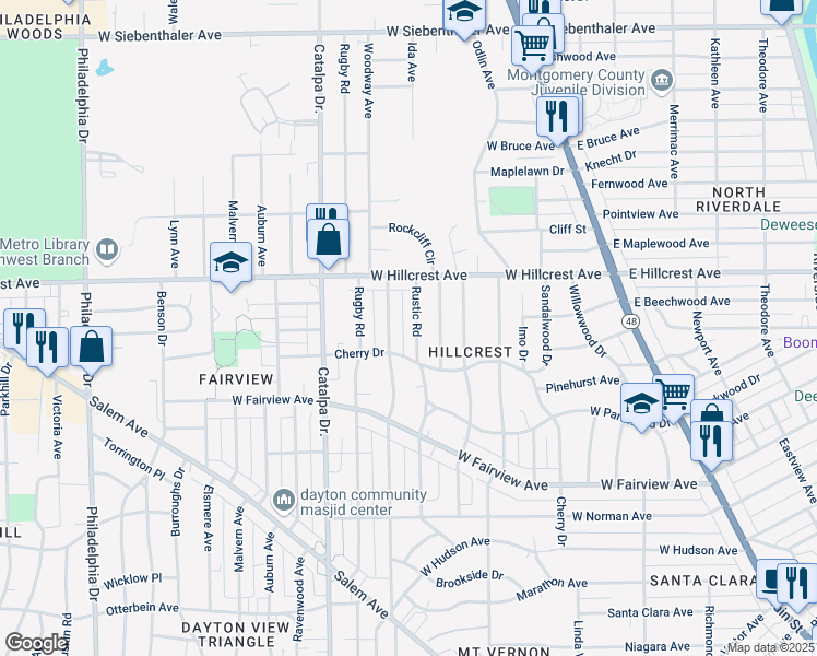 map of restaurants, bars, coffee shops, grocery stores, and more near 2314 Rustic Road in Dayton