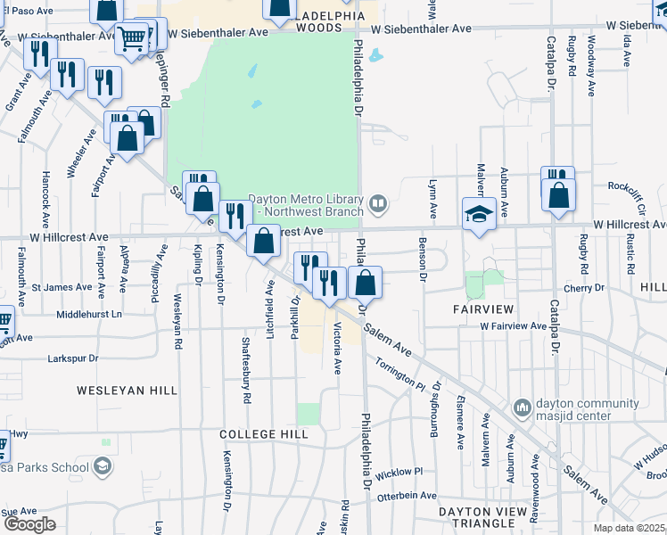 map of restaurants, bars, coffee shops, grocery stores, and more near 2200 Hepburn Avenue in Dayton