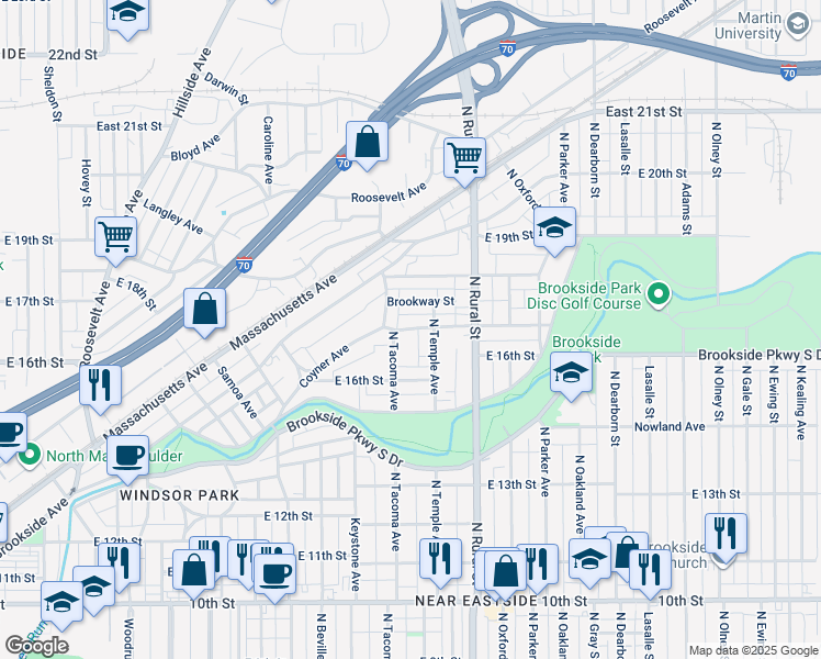 map of restaurants, bars, coffee shops, grocery stores, and more near 1635 North Tacoma Avenue in Indianapolis