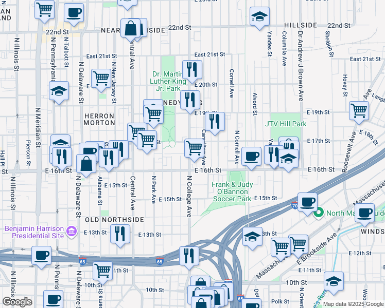 map of restaurants, bars, coffee shops, grocery stores, and more near 1602N North College Avenue in Indianapolis