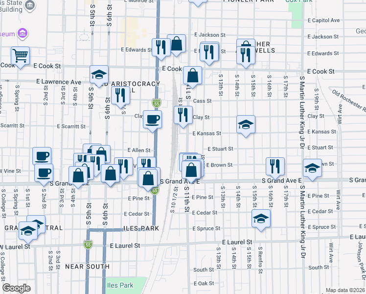 map of restaurants, bars, coffee shops, grocery stores, and more near 1129 South 11th Street in Springfield