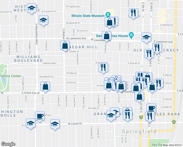 map of restaurants, bars, coffee shops, grocery stores, and more near 308 West Allen Street in Springfield