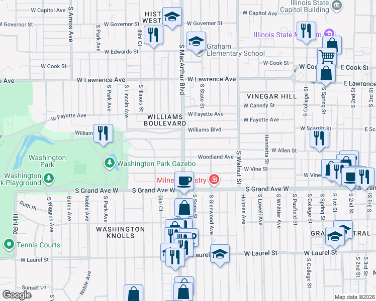 map of restaurants, bars, coffee shops, grocery stores, and more near 700-798 Woodland Avenue in Springfield