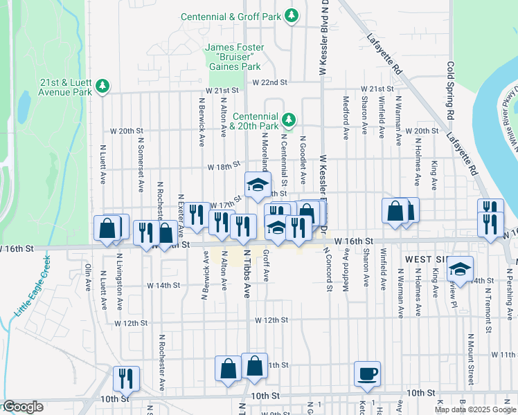map of restaurants, bars, coffee shops, grocery stores, and more near 3351 West 18th Street in Indianapolis