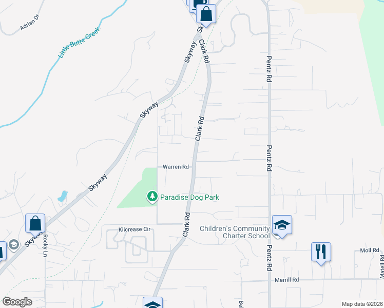 map of restaurants, bars, coffee shops, grocery stores, and more near 7020 Clark Road in Paradise