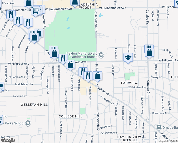 map of restaurants, bars, coffee shops, grocery stores, and more near 2251 Hepburn Avenue in Dayton