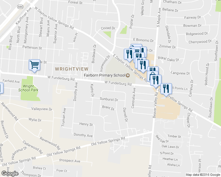 map of restaurants, bars, coffee shops, grocery stores, and more near 65 Joyce Drive in Fairborn