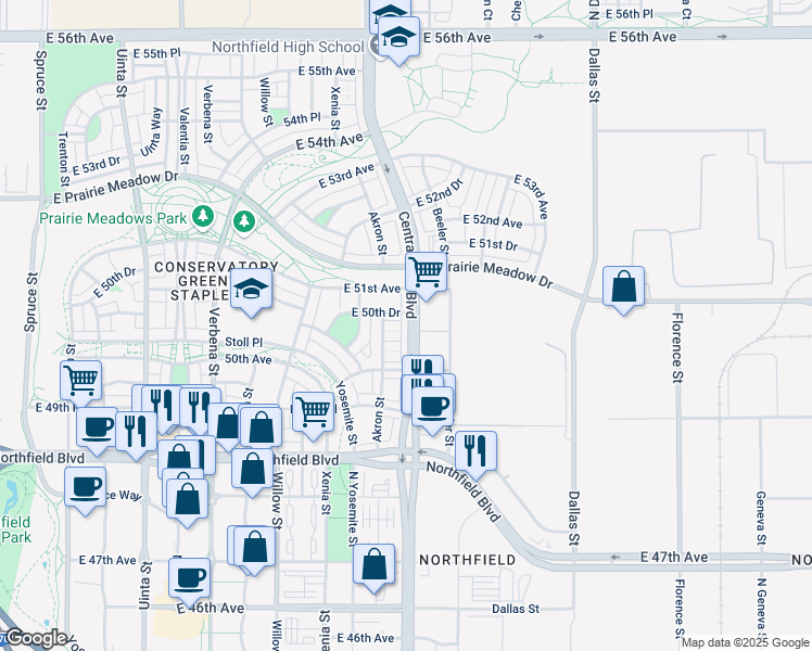 map of restaurants, bars, coffee shops, grocery stores, and more near 5055 Central Park Boulevard in Denver