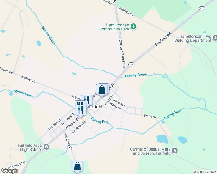 map of restaurants, bars, coffee shops, grocery stores, and more near 201 East Main Street in Fairfield