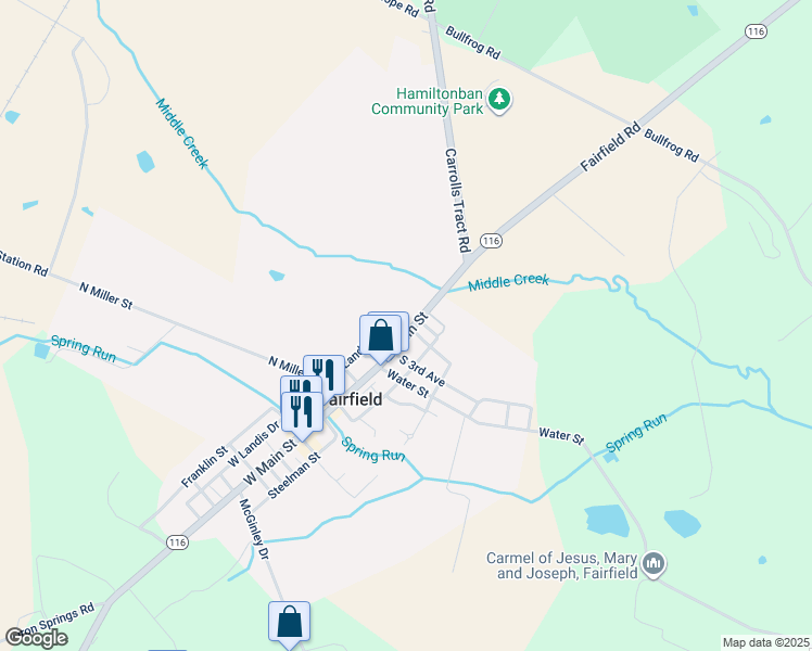 map of restaurants, bars, coffee shops, grocery stores, and more near 201 East Main Street in Fairfield