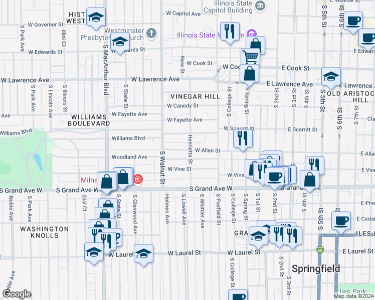 map of restaurants, bars, coffee shops, grocery stores, and more near 503 West Allen Street in Springfield