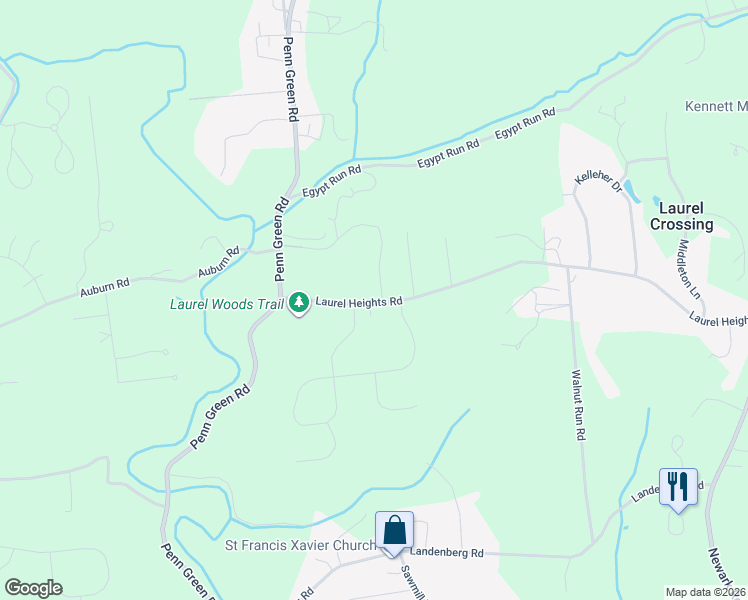 map of restaurants, bars, coffee shops, grocery stores, and more near 120 Laurel Heights Road in Landenberg