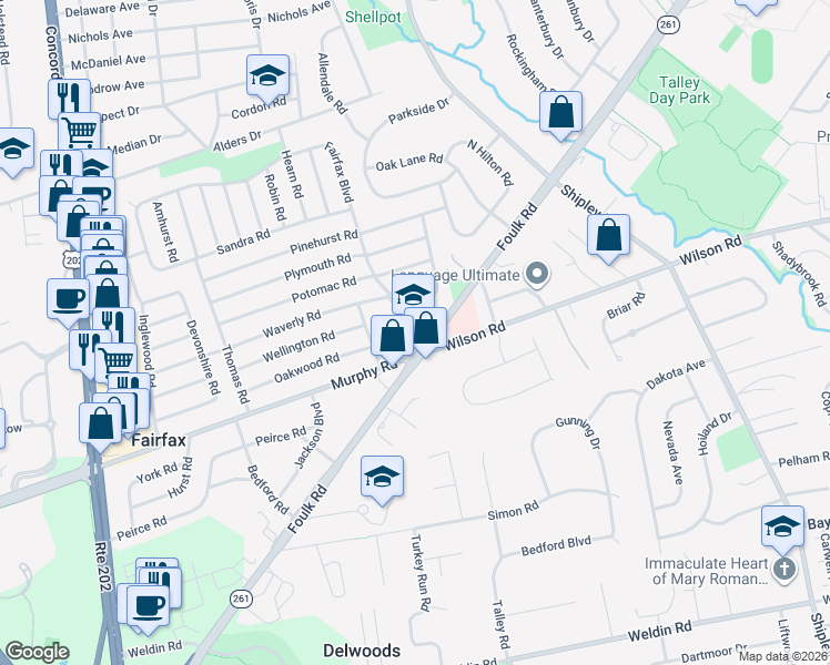 map of restaurants, bars, coffee shops, grocery stores, and more near 1800 Fairfax Boulevard in Wilmington