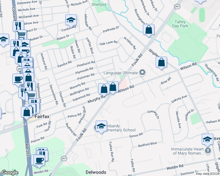 map of restaurants, bars, coffee shops, grocery stores, and more near 1800 Fairfax Boulevard in Wilmington