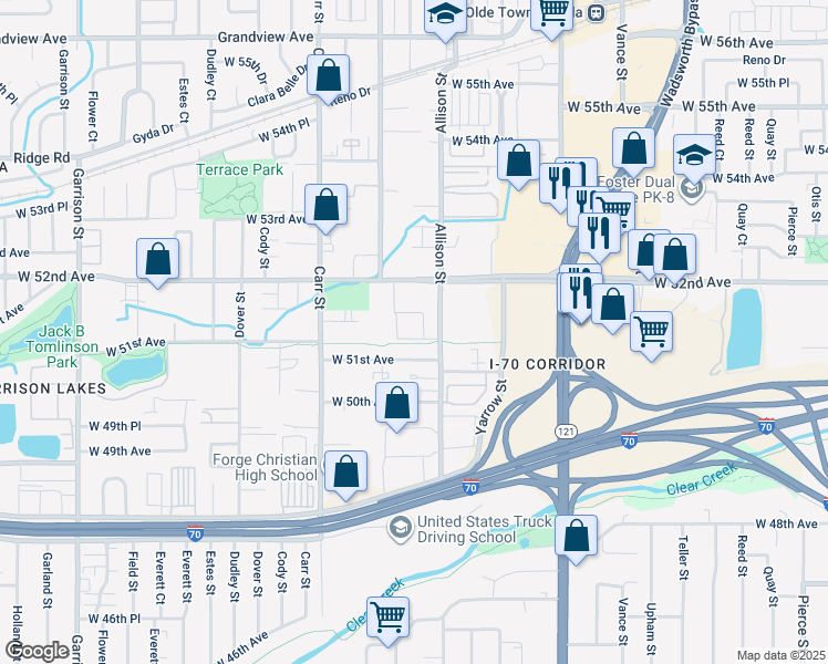 map of restaurants, bars, coffee shops, grocery stores, and more near 8083 West 51st Place in Arvada