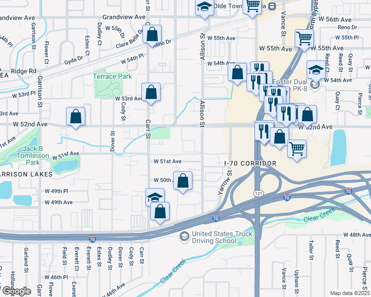 map of restaurants, bars, coffee shops, grocery stores, and more near 8021 West 51st Avenue in Arvada