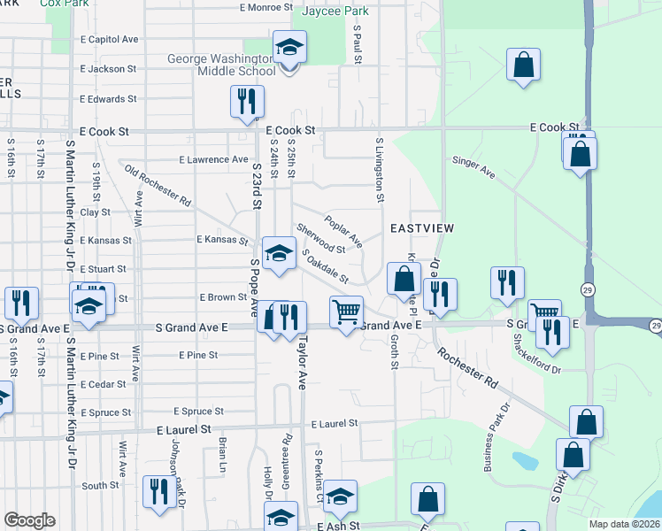 map of restaurants, bars, coffee shops, grocery stores, and more near 1121 South Oakdale Street in Springfield