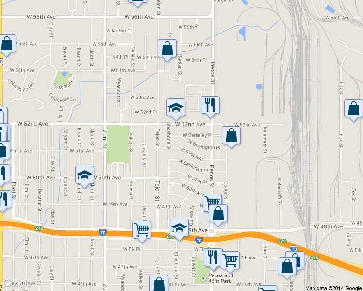 map of restaurants, bars, coffee shops, grocery stores, and more near 1830 West 51st Avenue in Denver