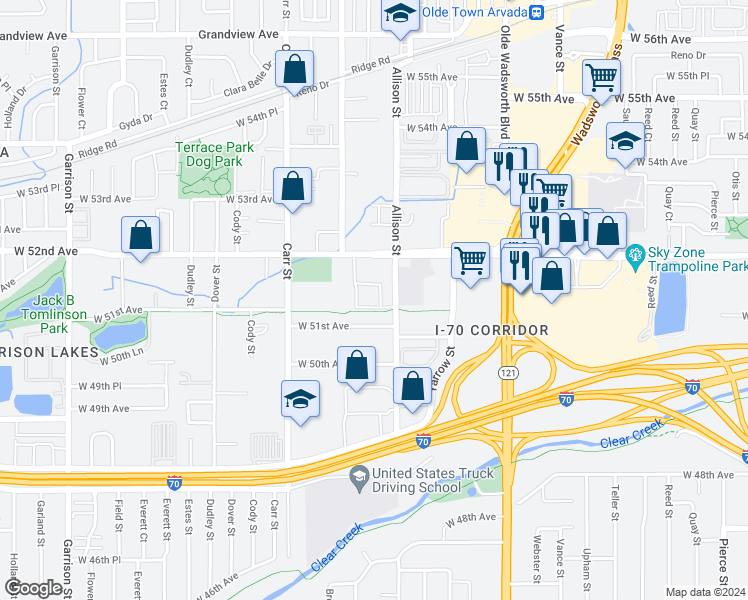 map of restaurants, bars, coffee shops, grocery stores, and more near 8021 West 51st Avenue in Arvada