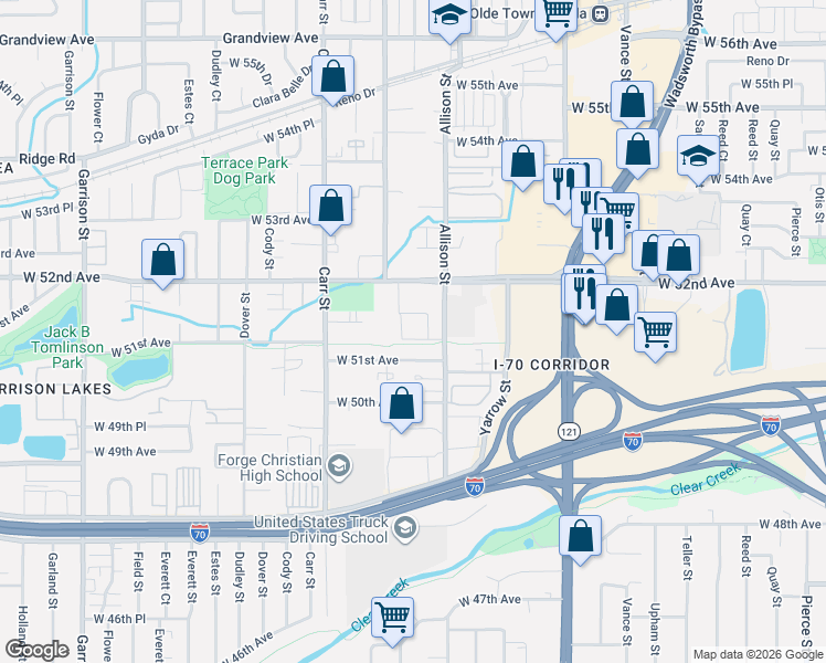 map of restaurants, bars, coffee shops, grocery stores, and more near 8021 West 51st Avenue in Arvada