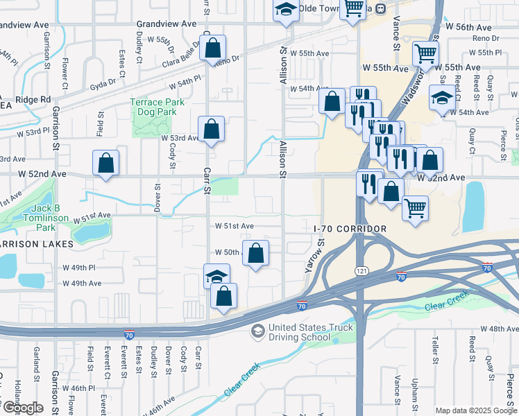 map of restaurants, bars, coffee shops, grocery stores, and more near 8021 West 51st Avenue in Arvada