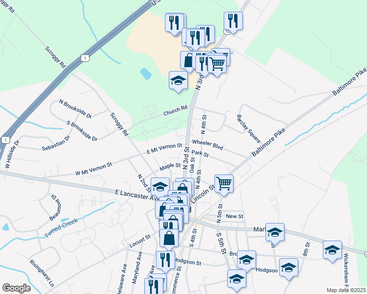 map of restaurants, bars, coffee shops, grocery stores, and more near 147 North 3rd Street in Oxford