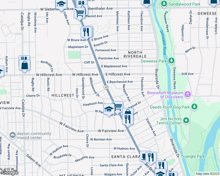 map of restaurants, bars, coffee shops, grocery stores, and more near 2652 North Main Street in Dayton
