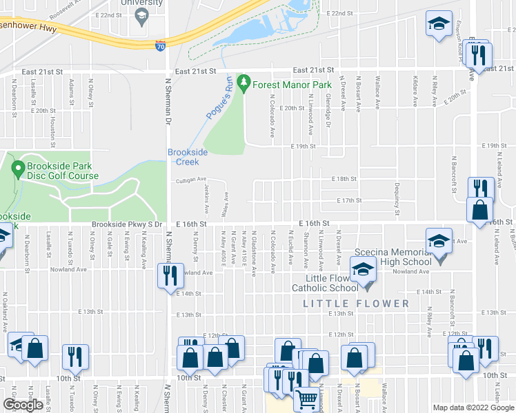 map of restaurants, bars, coffee shops, grocery stores, and more near 4202 East 16th Street in Indianapolis