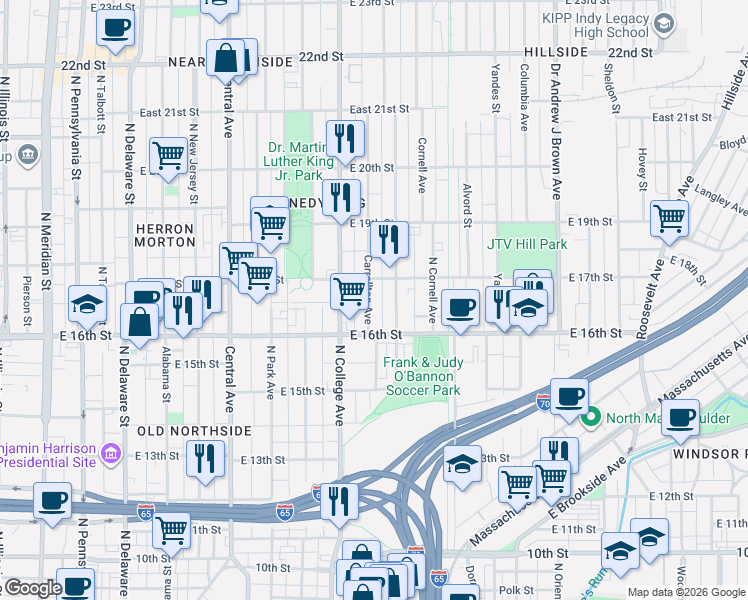 map of restaurants, bars, coffee shops, grocery stores, and more near 1615 Carrollton Avenue in Indianapolis